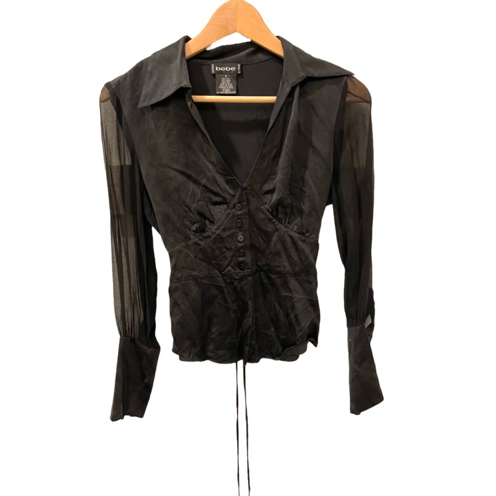 bebe Black Sheer Long-Sleeve Button Front Blouse